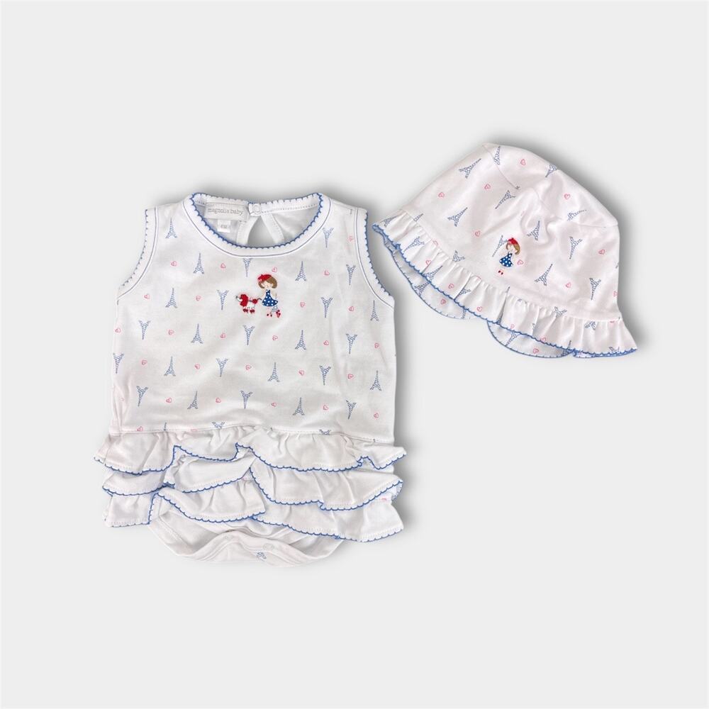 Magnolia Baby Ruffle Bubble Romper & Sun Hat Paris Print 6 Months